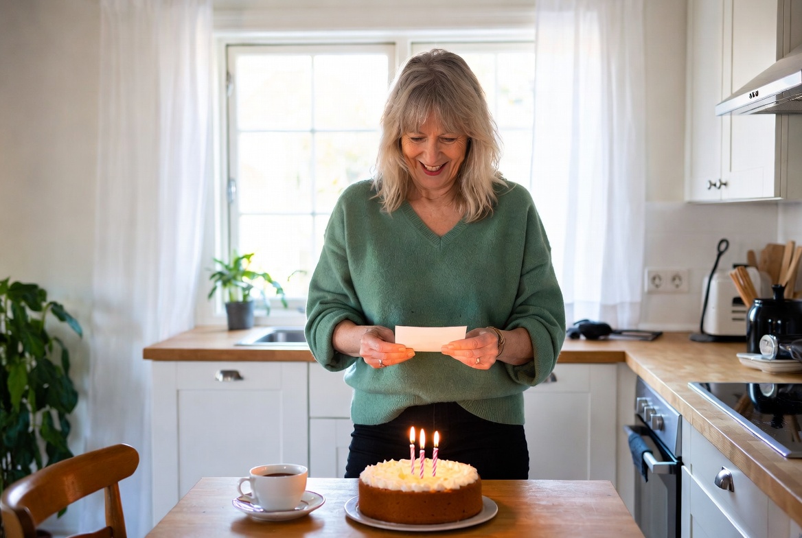 Kvinne åpner en bursdagshilsen med et smil